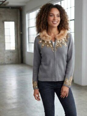 Pop Population Faux Fur Sequin Green Sweater Zip Medium‎